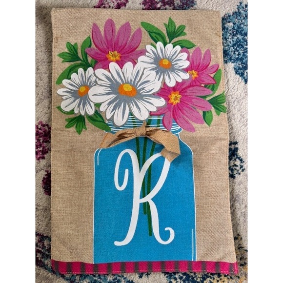 Unbranded Other - Monogram Letter K Burlap Garden Flag Mason Jar Floral Daisy Outdoor Decor